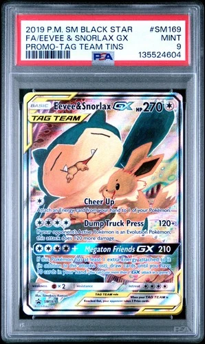 2019 POKEMON SM BLACK STAR PROMO TAG TEAM TINS FULL ART/EEVEE & SNORLAX GX PSA 9
