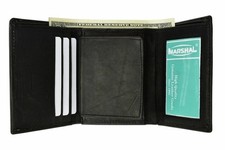 Genuine Leather Trifold Badge Credit Card ID Money Holder Wallet Black Safe NEW