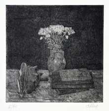 SALVO MANGIONE "Natura morta" , 1979 - 2015 rara acquaforte originale firmata