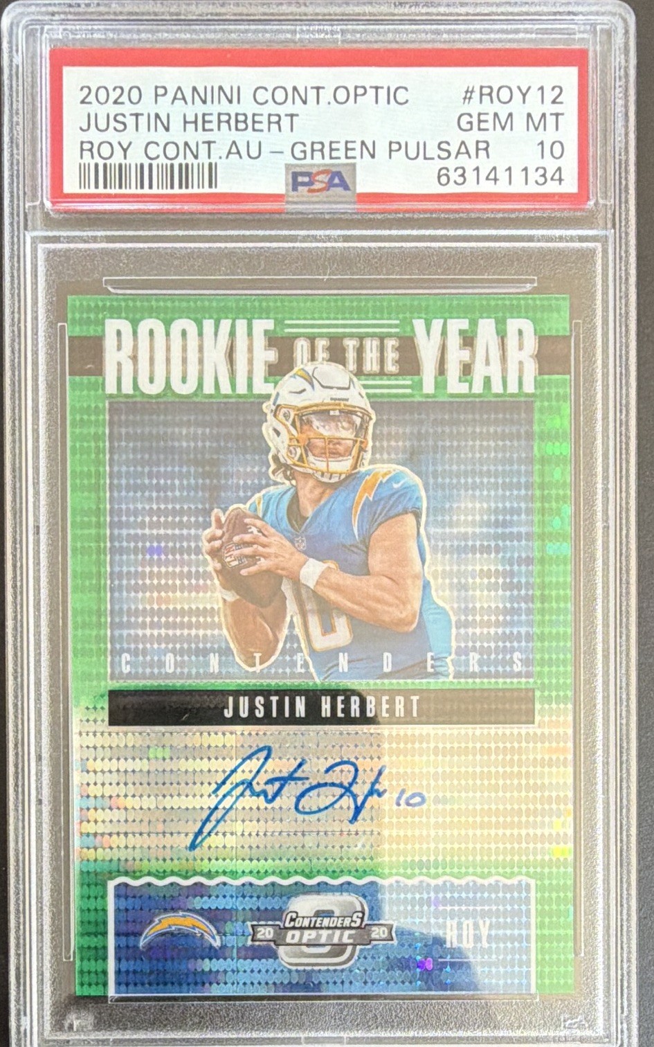 Justin Herbert Panini Contenders Optic Rookie of the Year Contenders Autographs #ROY12 Green Pulsar