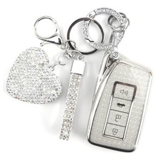 Key Fob Cover with Diamond Keychain Car Key Holder Case Compatible Silver-heart