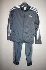 Boys Adidas Track Suit Full Zip Jacket Sweatpants Dark Gray White Stripes 10/12