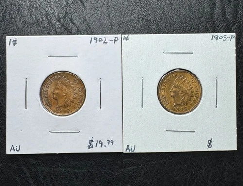 AU Indian Head Cent Set, 1902 & 1903. Original Luster, Excellent Details