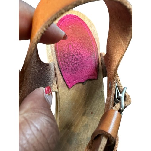 Swedish Hasbeens Brown Almond Toe T-Strap Wooden Block Heel Leather Clogs Size 5 - Picture 8 of 15