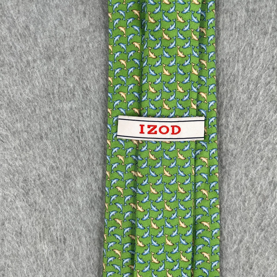 IZOD Dolphins All Obver Print Neck Tie Green COlorful Dolpins Silk - Image 2 of 4