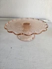 Vintage pink depression glass cake stand Leaf scalloped edge radiant pattern 9"