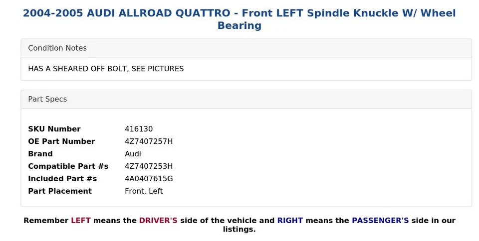 AUDI ALLROAD QUATTRO 2004-2005 - Nudillo de husillo delantero izquierdo con cojinete de rueda Foto 4 de 4