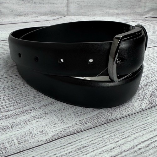 Status Accessories Black Genuine Leather Belt W/ Silver Buckle Size 34 - Picture 3 of 6