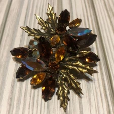 Vtg Regency Brooch Pin Rhinestone Goldtone Leaf Fall Brown Leaves