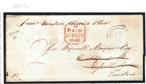 GB TURNED & FORWARDED Cover *United Services Club* London 1844 Bath Som A91a - Picture 5 of 6