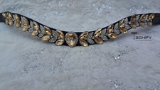 Horse Leather Browband with Gold Crystal White Leaf shape Crystal browband