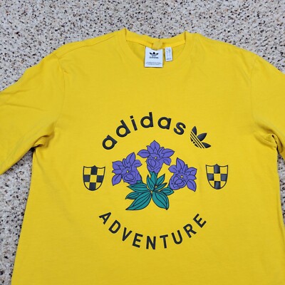 Adidas Shirt Mens Small Yellow Graphic Tee Floral Spell Out