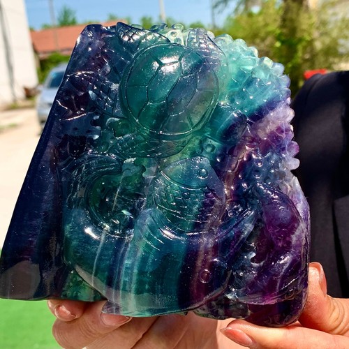 Fluorita verde púrpura natural de 2,9 lb tallada a mano especificaciones del mundo submarino - Imagen 13 de 18