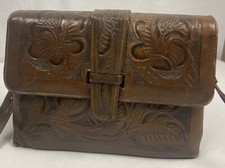 Vintage Hand Tooled Leather Purse Shoulder Handbag Brown Floral Western Cowgirl