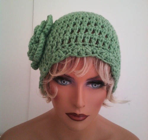 GREEK SEA GREEN FLOWER BEANIE CAP HAT HAND CROCHET BERET SKULL CAP CLOCHE - Picture 6 of 7