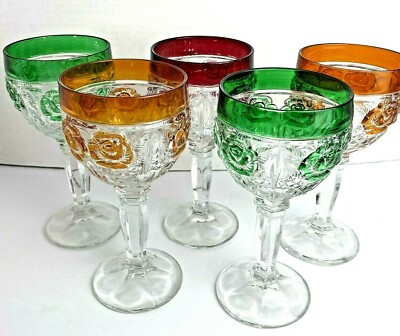 Antique Heavy Wine Goblets w/Roses Flash Painted Set of 5   7''T Redbox9