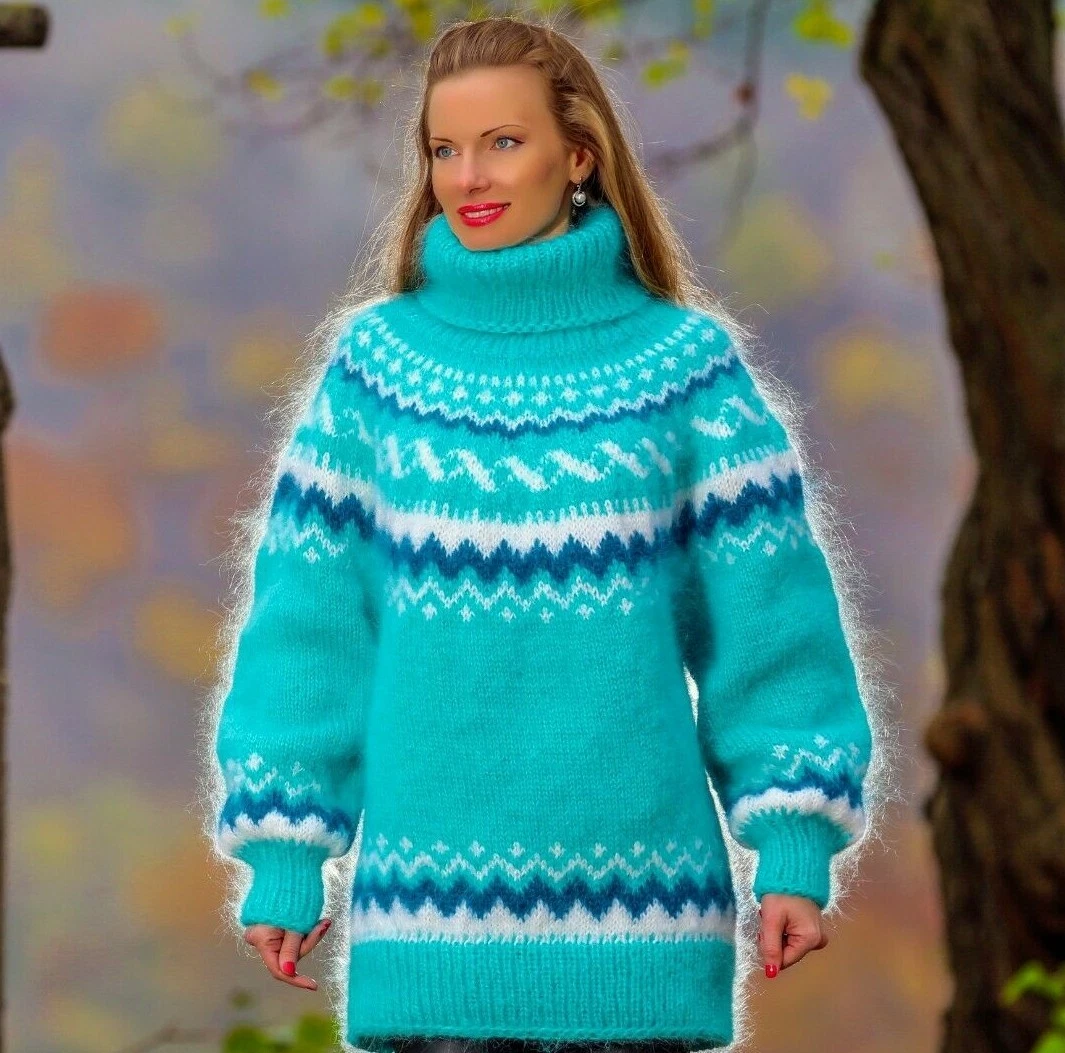Green mohair sweater Icelandic thick hand knitted fuzzy Nordic jumper SUPERTANYA