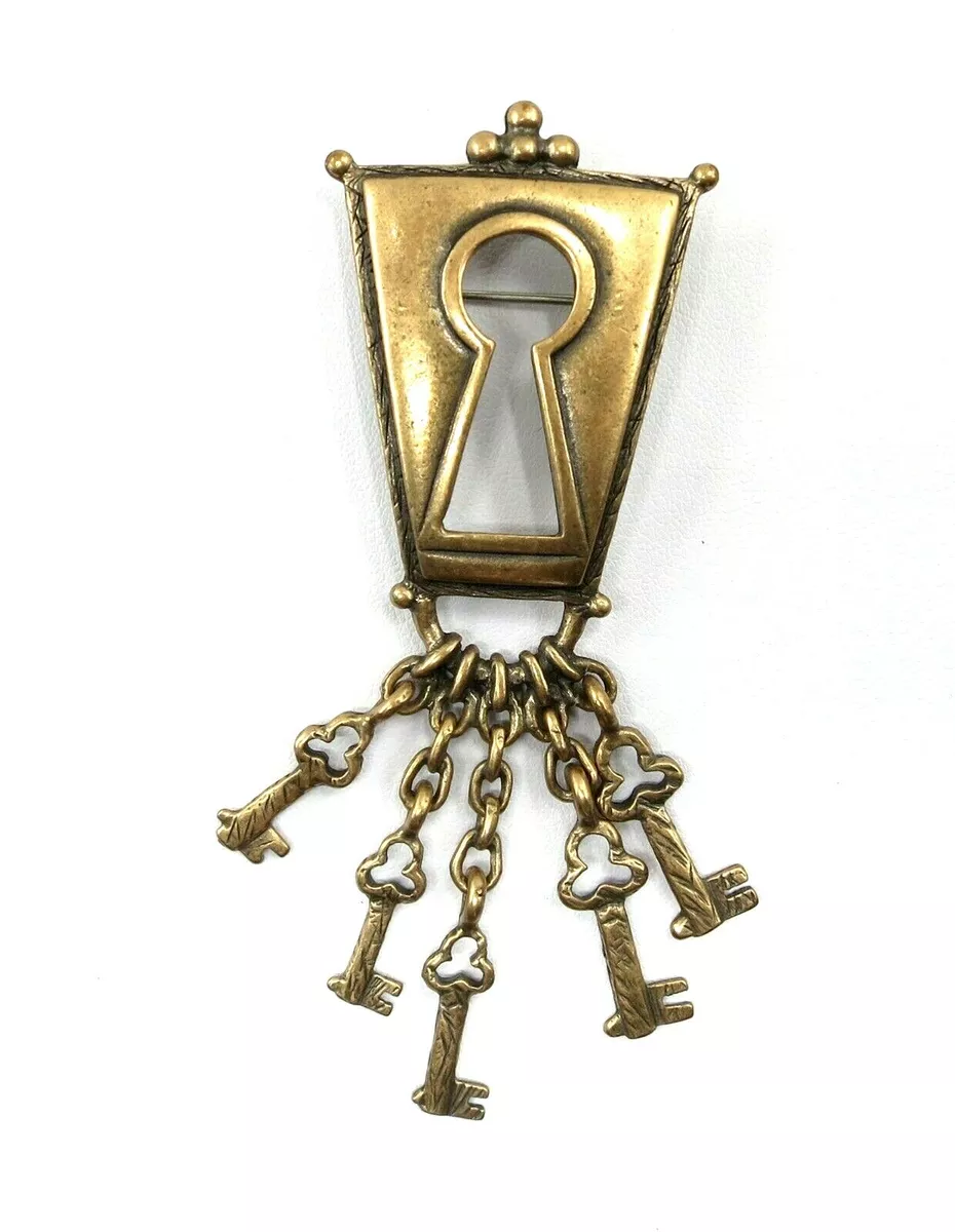 Guess Goldtone Brass Keyhole Lock And Key Charm Dangle Brooch Pin