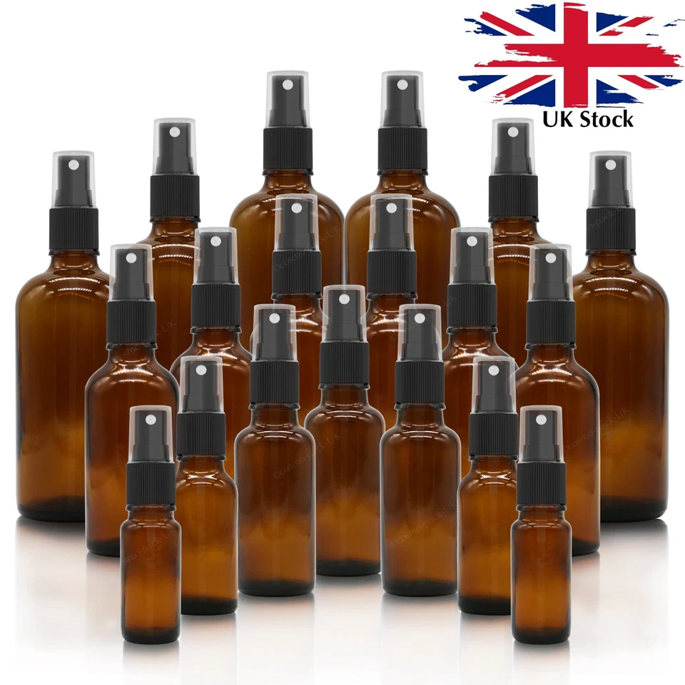 AMBER Glass Spray Bottles with BLACK ATOMISER / Mist Spray Refillable 10 - 100ml