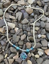 Metal Teal Starfish Pendant Glass Beads Necklace Round Rope Hemp Twine Cord 18"