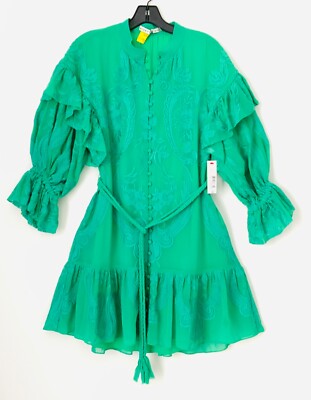 green emerald velvet dress Alice+Olivia Kylan Puff Sleeve Mini Dress in Emerald main image 0