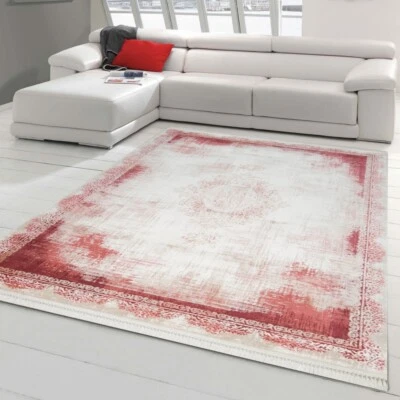 Tapis en Laine oriental abstrait avec Franges - pour salon - rouge - Photo 1/4