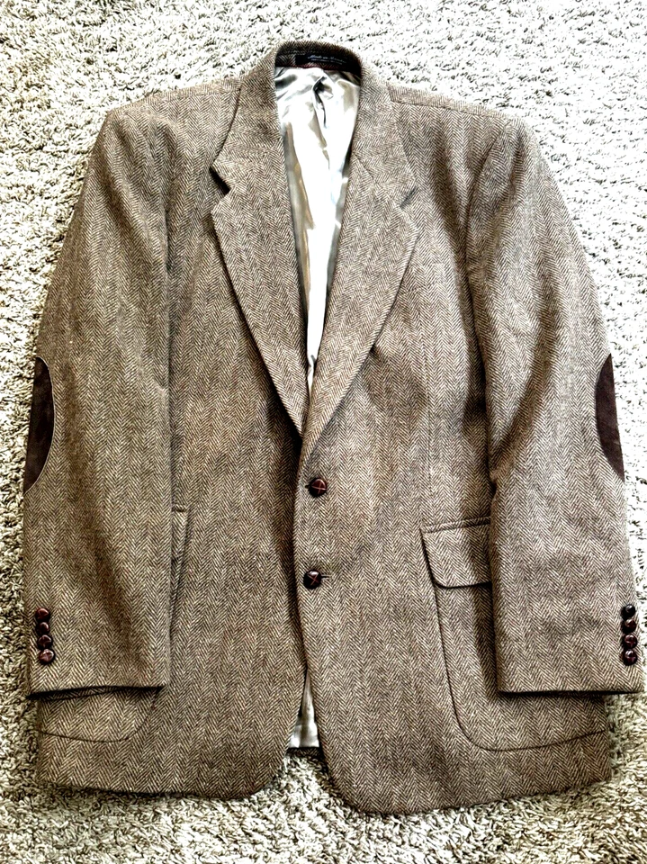 复古粗花呢人字形运动外套 44L 长羊羔毛混纺皮革纽扣 80 年代 — 第 2/4 张图片