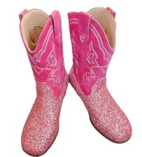 Girls Pink Glitter Western Cowgirl Boots Mid-Calf Pull-On Round Toe Sz 4
