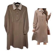 Dazy Tan Beige  Contrast Collar Midi Shirt Dress Size L Long Sleeve Rayon Blend