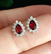 2Ct Pear Cut Lab-Created Red Ruby Flower Stud Earrings 14K White Gold Plated