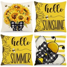 Summer Pillow Covers 18x18 Inch Bee Sunflower Yellow Throw Pillowcase Hello S...