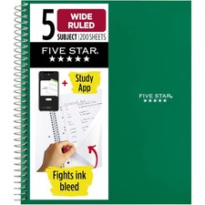 Five Star Spiral Notebook  Study App, 5 Subject, Wide Ruled Paper, 200 Sheets,