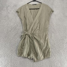 Zara Romper Womens Medium Green Linen Wrap Short Sleeve Tie Waist Beach Capsule