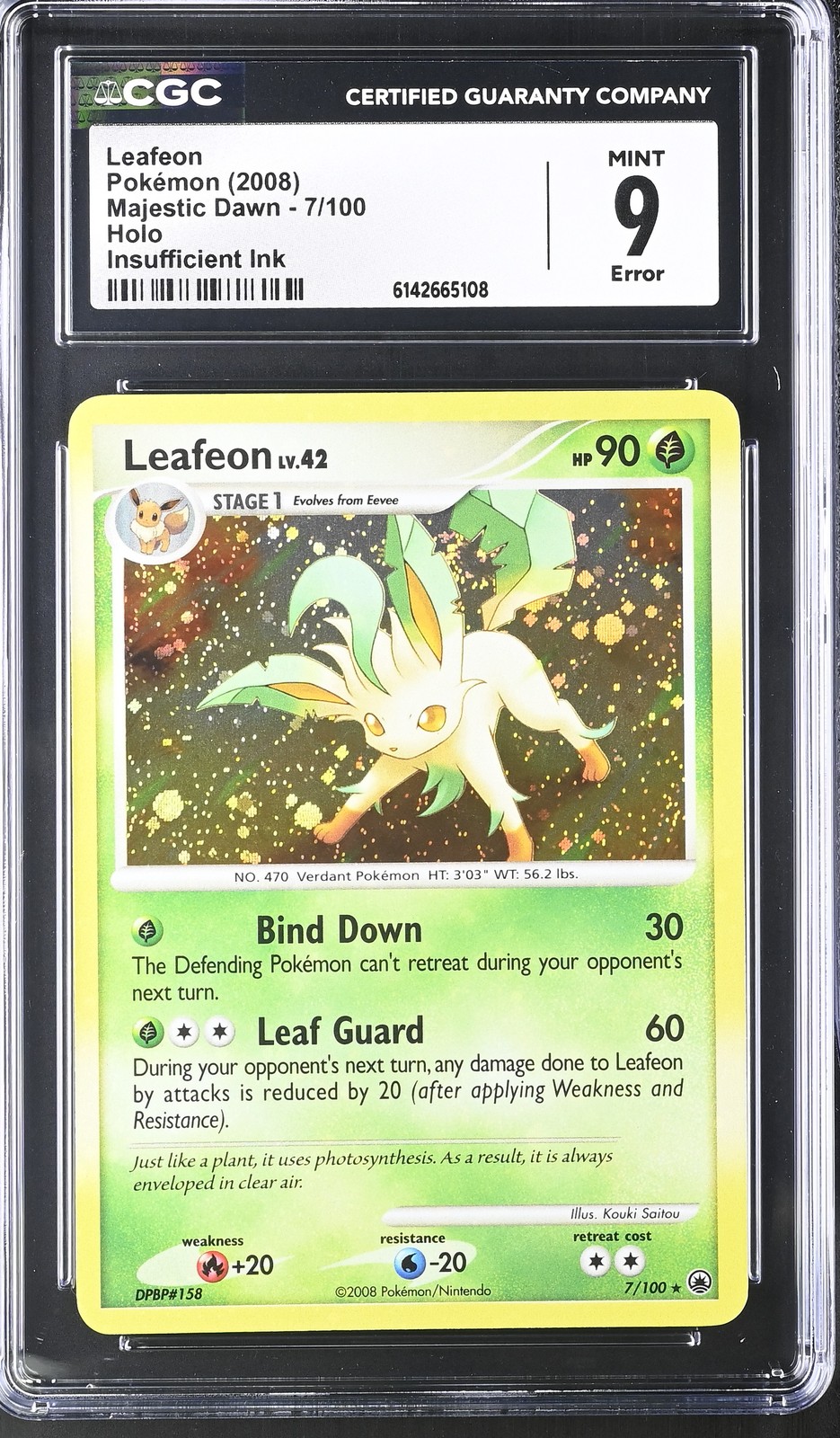 CGC 9 MINT Leafeon 7/100 Majestic Dawn Holo Insufficient Ink Error Pokemon Card