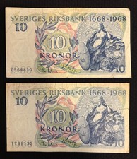 2 x Sweden 10 kronor 1968 P-56 Commemorative  World s oldest central bank 