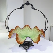 Antique Victorian Bridal Basket Pistachio Green Ox Blood Red Rim Art Glass Bowl 