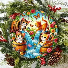 A 2D Flat Design Featuring a Fun Round Aluminum Metal Sign W/4 Kittens And a Wat