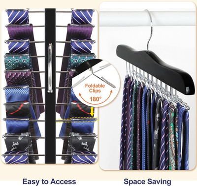 Tie Rack Hanger for Closet, Wooden Tie Organizer for Men with 24 Folding Hooks,