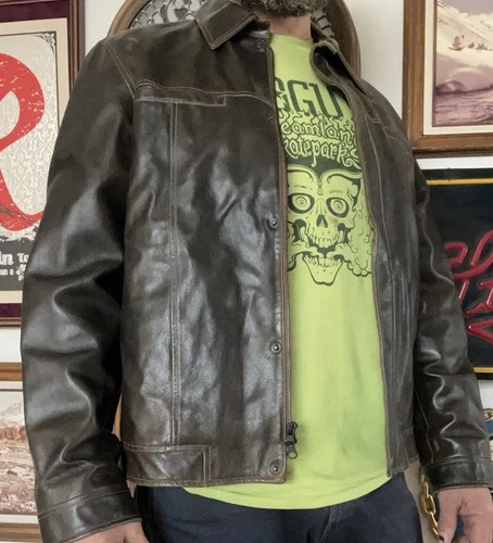 Vintage 2002 Gap Jacket Leather Aviator Snap Button Lined Brown Mens Medium Y2K image 6