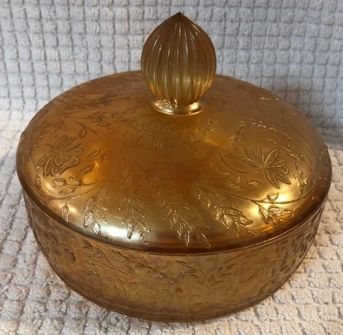 VINTAGE AMBER CARNIVAL GLASS CANDY DISH BOWL NICE IRIDESCENT COLORS 7 " DIAMETER
