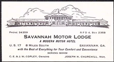 Savannah Motor Lodge Modern Motor Motel Exterior View Business Card c1940s