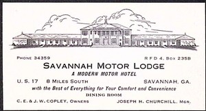 Savannah Motor Lodge Modern Motor Motel Exterior View Business Card c1940s