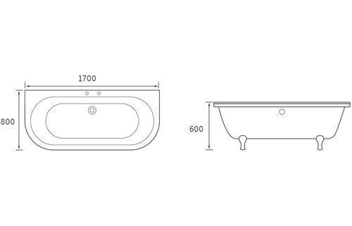 Buckingham Freestanding Back To Wall 1700x800x600mm 2TH Bath w/Feet - White - Picture 4 of 6