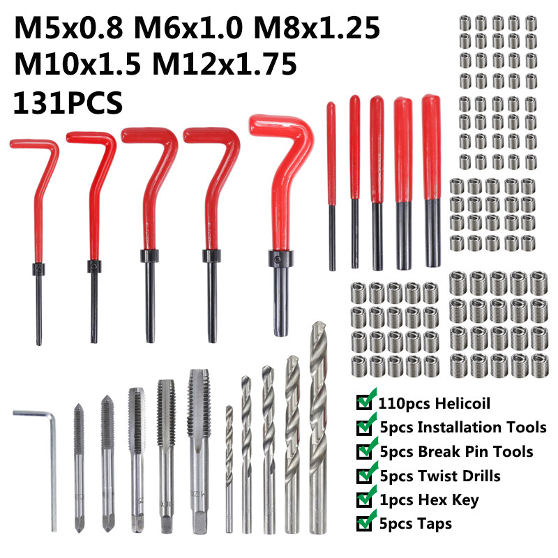 131Pcs Thread Repair Kit M5M12 HSS Drill Helicoil Metric Heli Coil Tap
