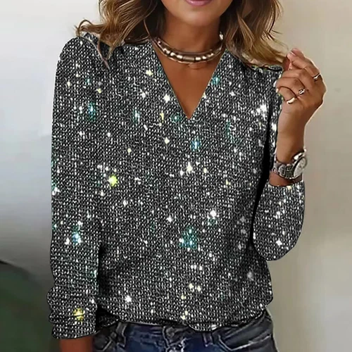 Women's Casual Solid Tops Sequin Long Sleeved V Neck Loose T Shirt Blouse Tops * - Picture 12 of 23