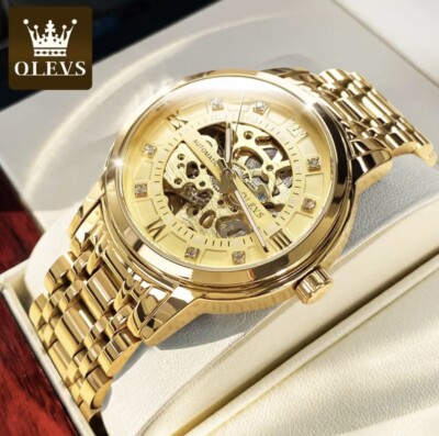 OLEVS Automatic Mechanical Wristwatch Stainless Steel New Skeleton Gold Golden