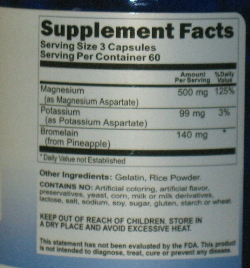 Magnesium Potassium Aspartate with Bromelain 200 Capsules Anti Aging