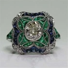 Art Deco Vintage Lab Created Diamond & Emerald Sapphire Wedding 925 Silver Ring