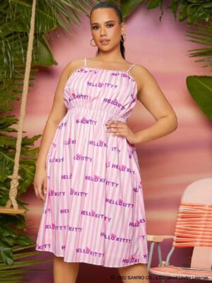 Hello Kitty Plus Striped & Letter Graphic Slit Thigh Tie Back Cami Dress 1XL NWT