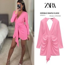 NWTs ZARA Pink Draped V-Neck Knotted Mini Dress Size XS